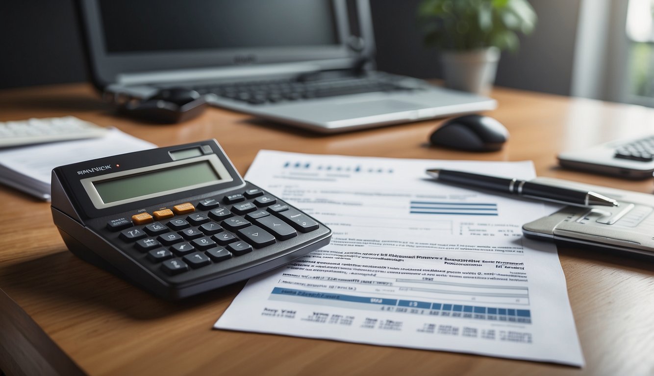 A desk with a computer, calculator, and financial documents. A blank personal financial statement form template is laid out, ready to be filled in