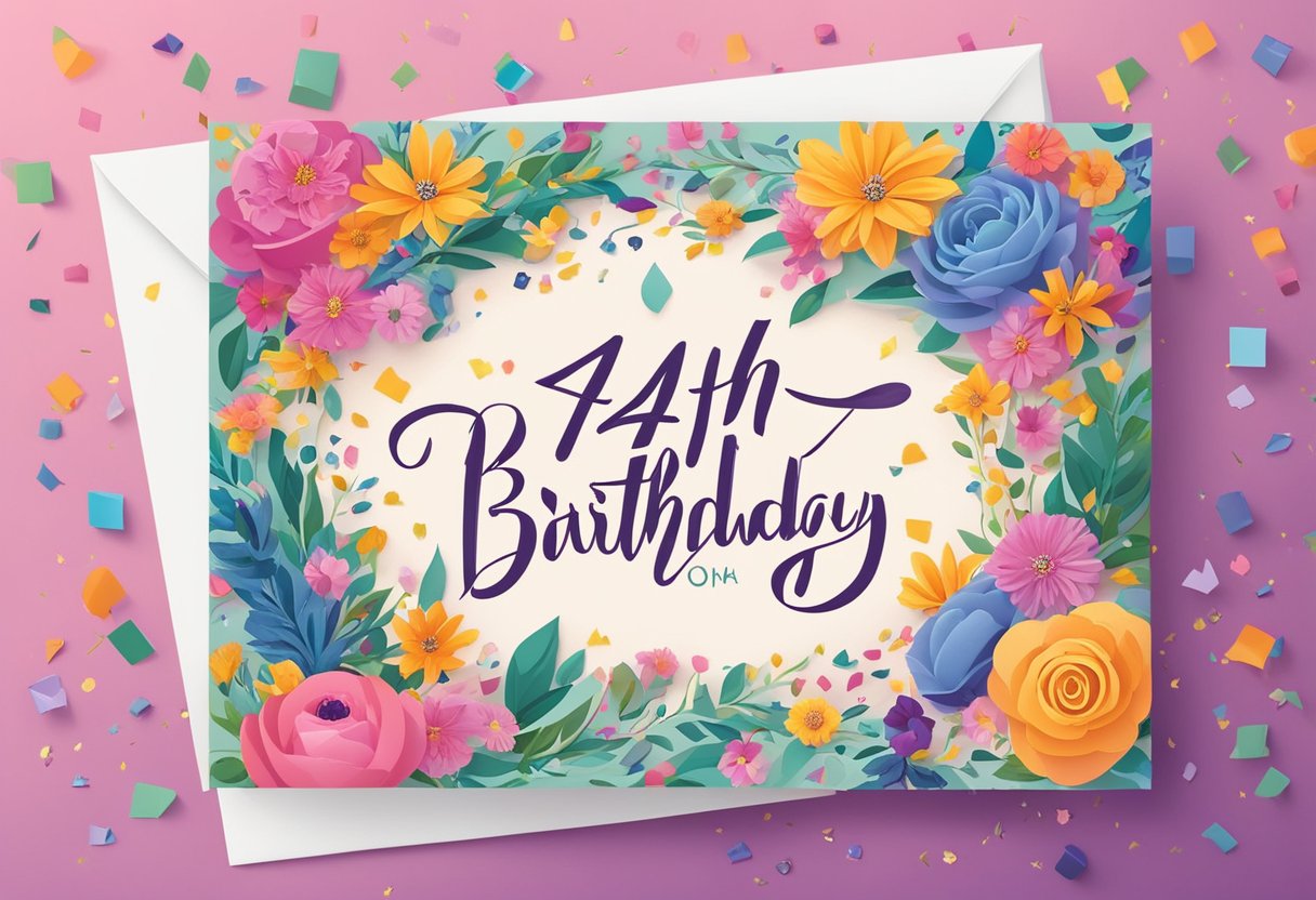 A colorful birthday card with "44th birthday quotes for daughter" displayed in elegant script, surrounded by vibrant flowers and confetti