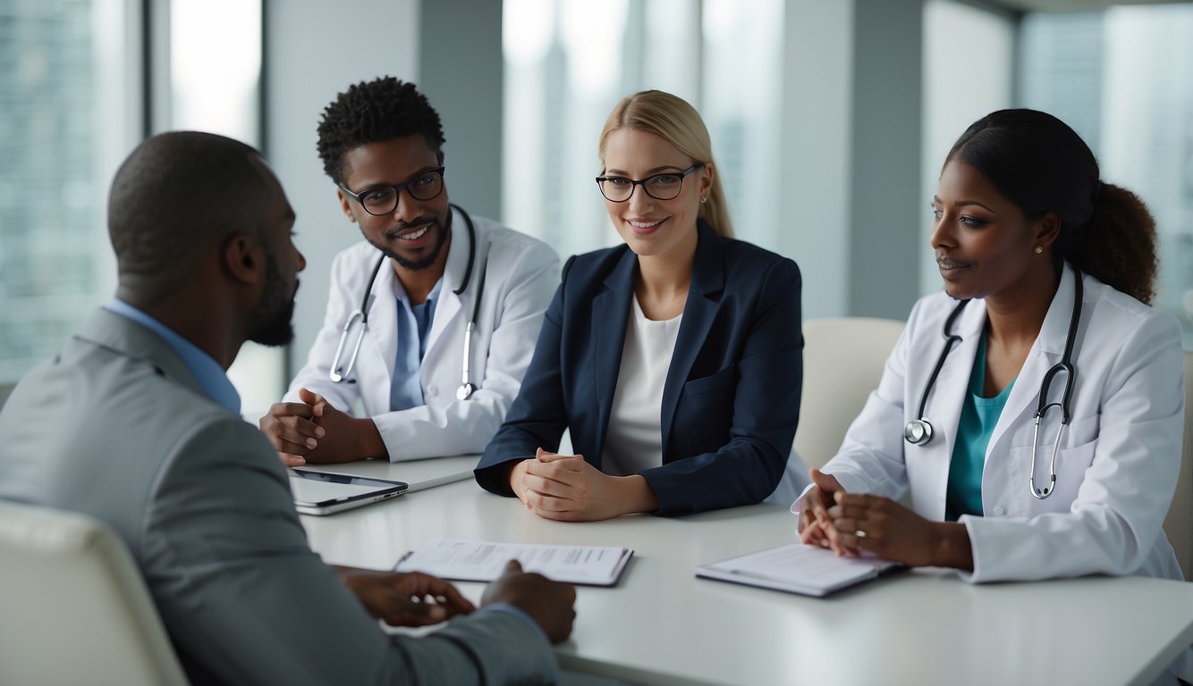 A diverse group of healthcare professionals collaborate in a modern, well-lit room, sharing data and discussing patient care plans