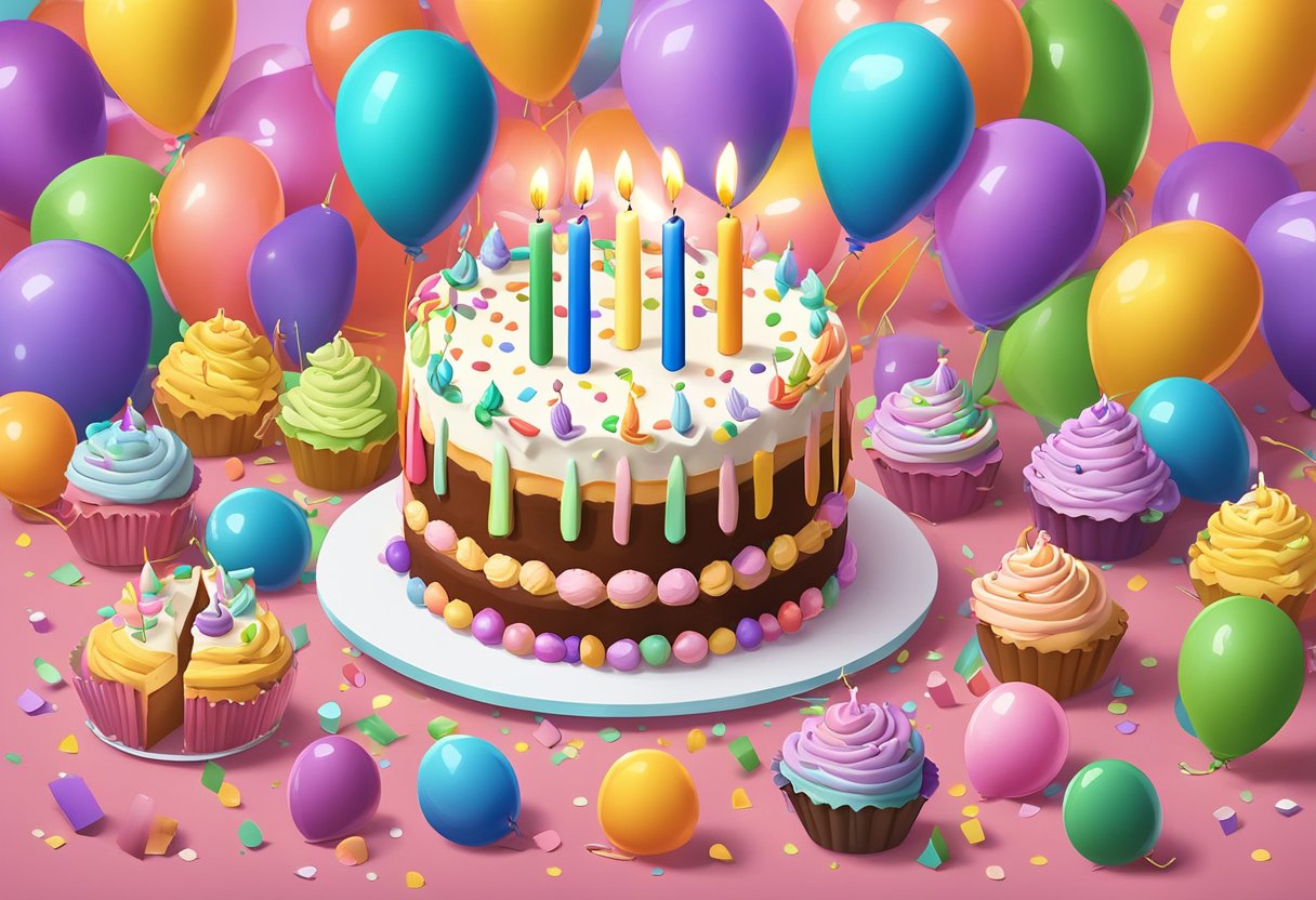 A birthday cake with 44 candles, surrounded by colorful balloons and confetti, with a card reading "Happy 44th Birthday, Daughter" on a festive table setting