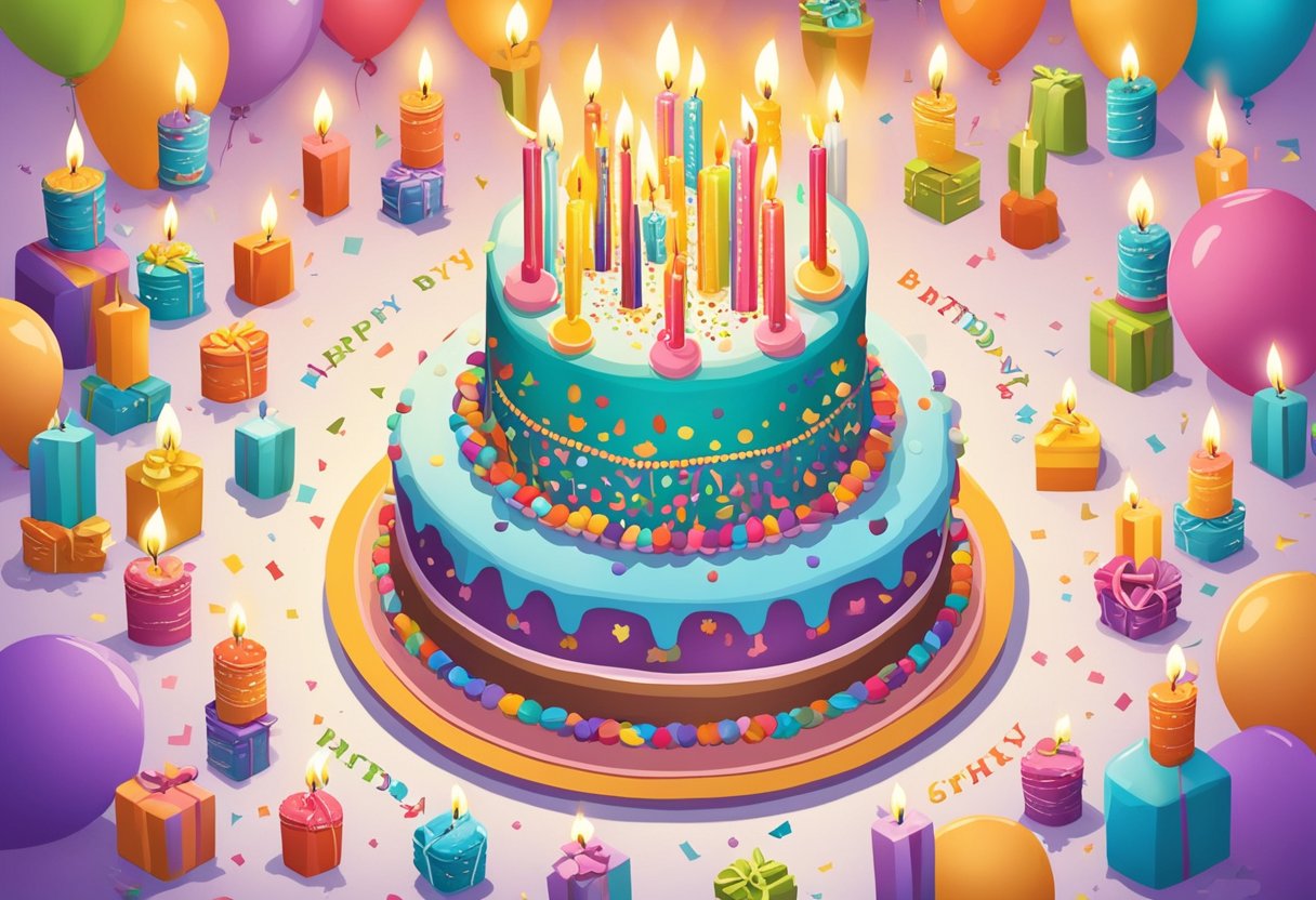 A colorful birthday cake with 44 candles burning brightly, surrounded by lovingly written quotes for a daughter's 44th birthday