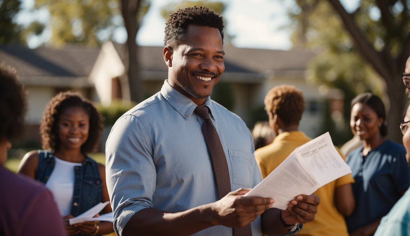 A pastor hands out ministry forms to a group of church members