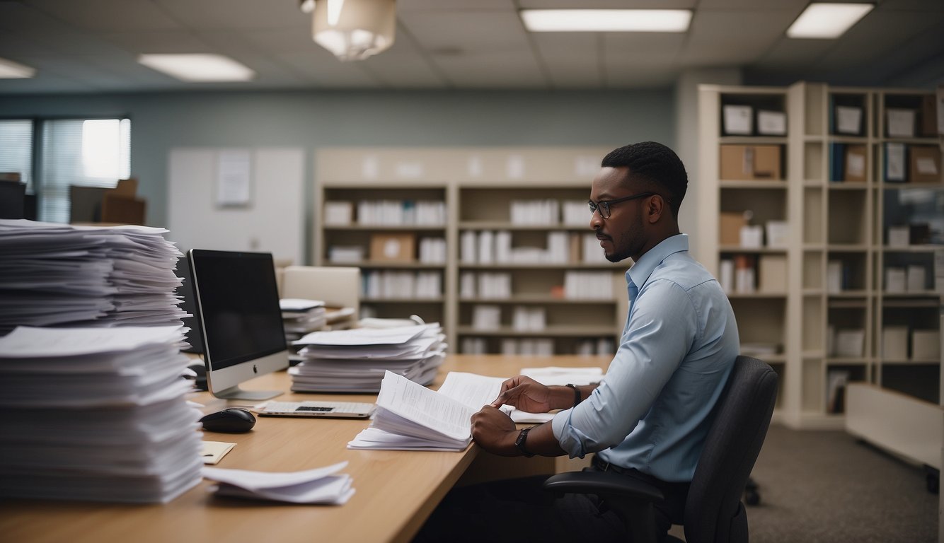 A person organizing and filing church ministry forms in a well-lit office space with shelves of neatly organized paperwork