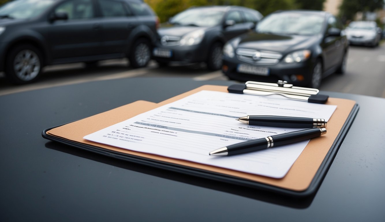 A clipboard with car survey questions, a pen, and a parked car in the background