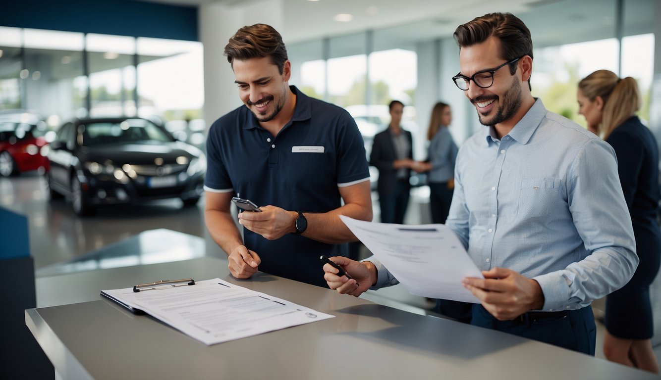 Customers filling out survey forms at a car dealership. Tables with questionnaires, pens, and clipboards. Staff assisting and collecting completed surveys