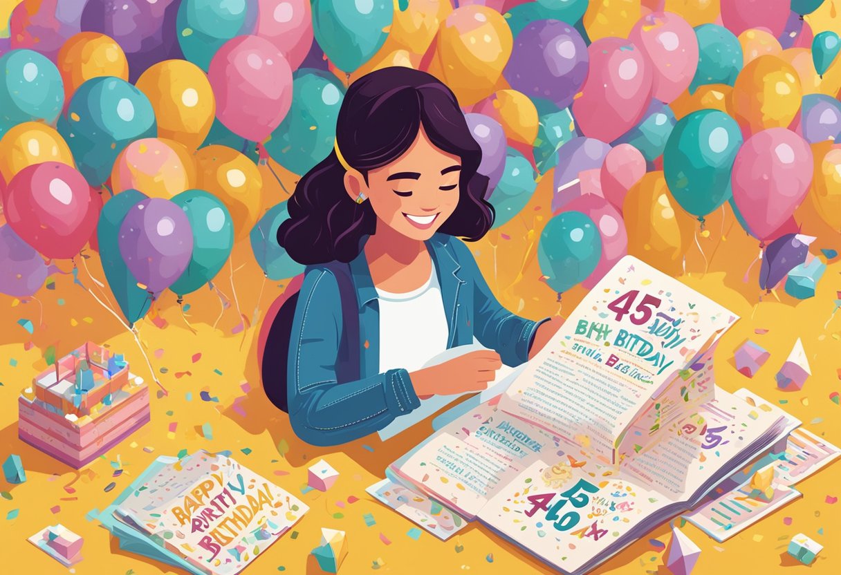 A daughter smiling while reading a birthday card with "45th birthday quotes for daughter" written on it, surrounded by balloons and confetti