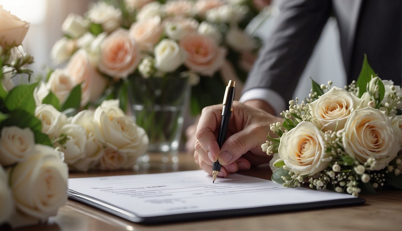 A hand fills out a wedding flower order form with pen on a clipboard. Bouquets and arrangements are displayed in the background