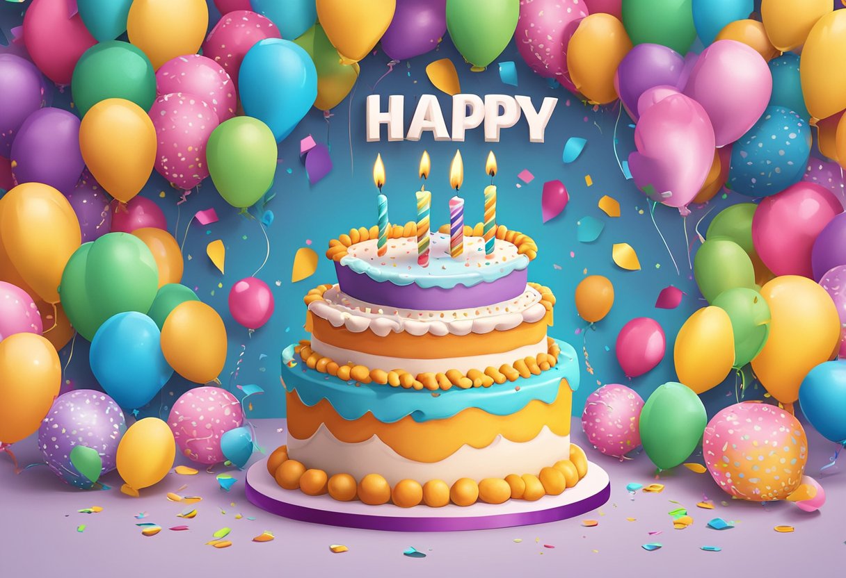 A colorful birthday cake with "Happy 45th Birthday" written in bold letters, surrounded by balloons and confetti. A loving message for a daughter is written on a card placed next to the cake