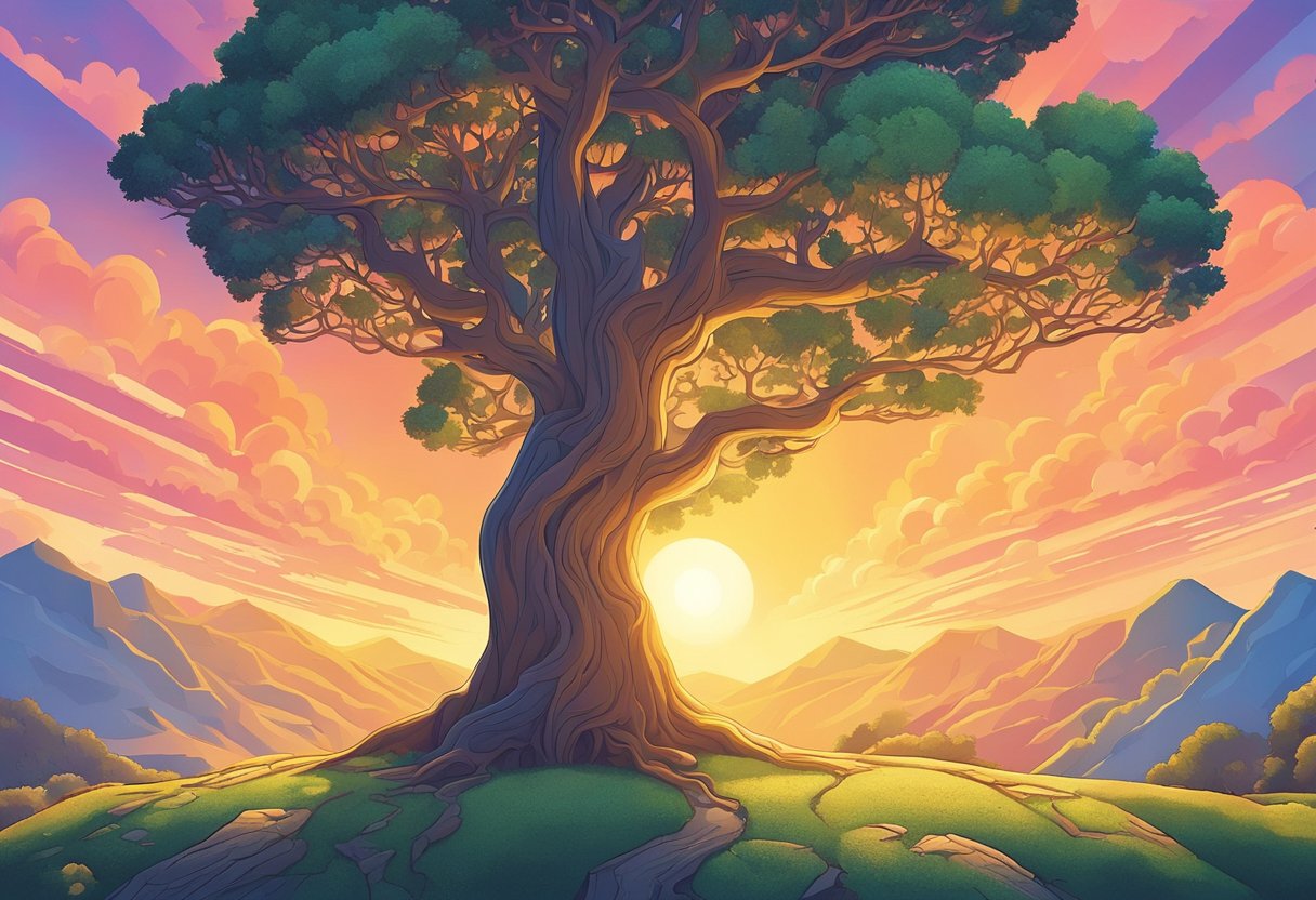 A lone tree stands tall, its branches reaching towards the sky. The sun sets in the background, casting a warm glow over the scene, symbolizing personal growth and reflection