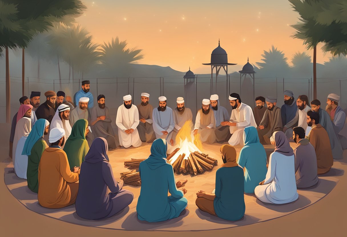 People gathering around a bonfire, offering prayers and lighting candles to celebrate Shab e Barat