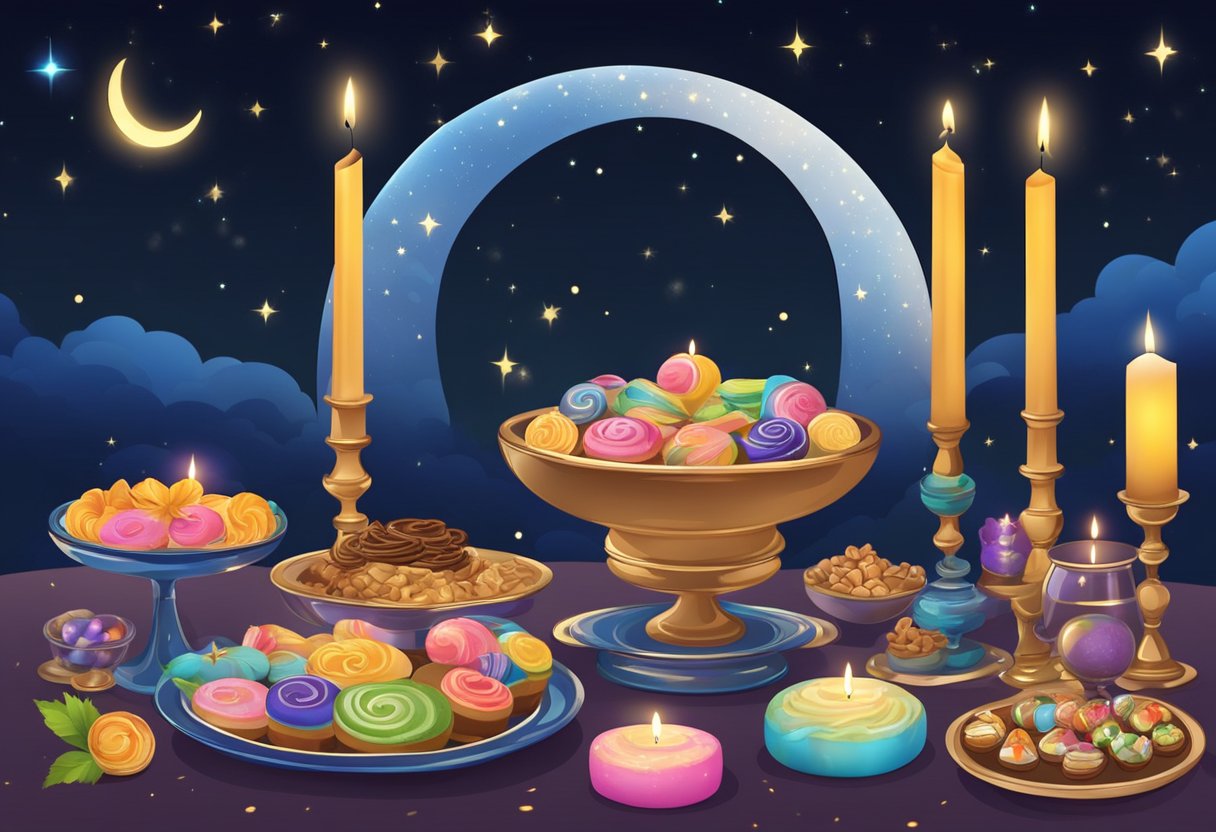 A festive table with traditional sweets, candles, and incense. A night sky with stars and a crescent moon