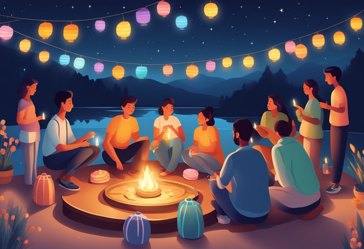 People gathered around a bonfire, placing candles and sweets on a decorative tray. The night sky is lit up with colorful lights and lanterns