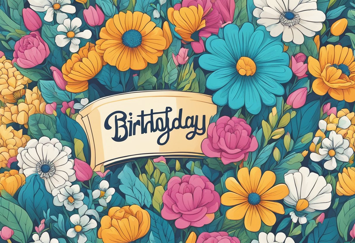 A colorful bouquet of flowers with a vibrant, uplifting birthday card surrounded by symbols of strength and growth