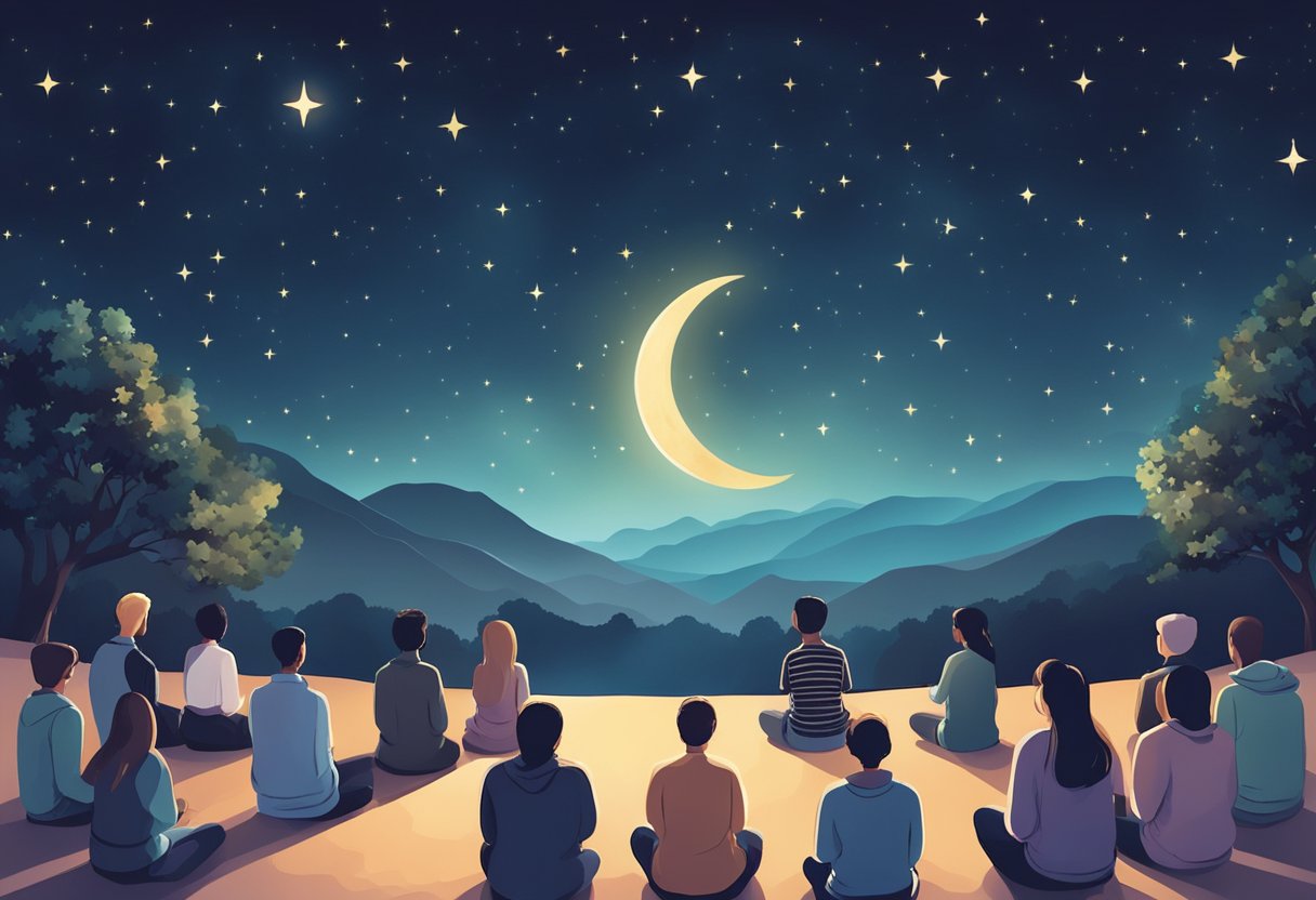 A night sky filled with stars, a crescent moon shining brightly, and people gathered in prayer and reflection