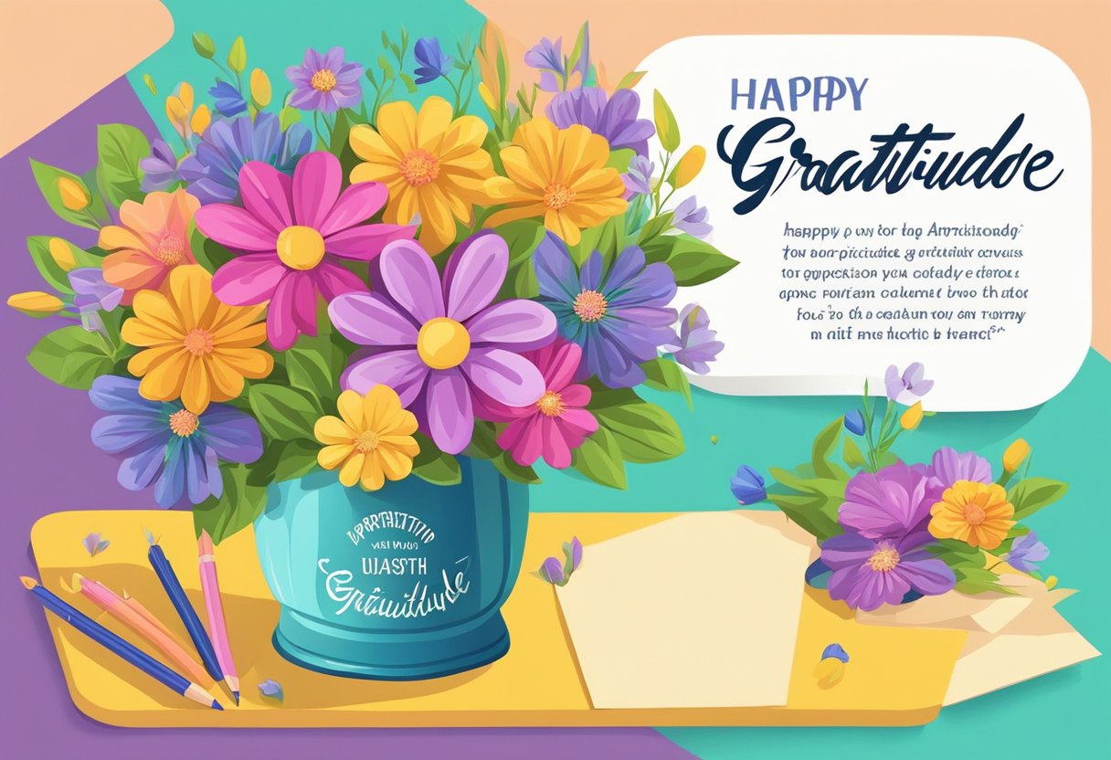A colorful bouquet of flowers and a handwritten card with "Appreciation and Gratitude" 45th birthday quotes for daughter