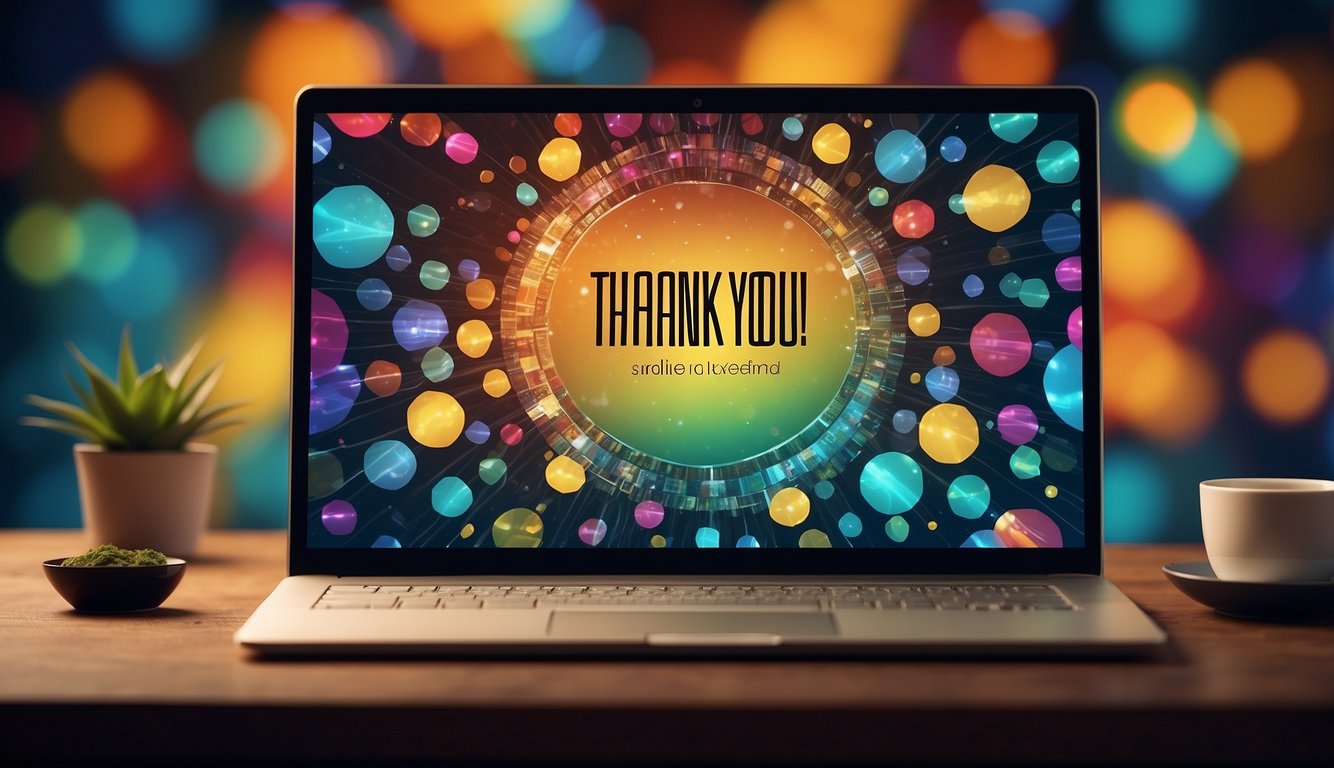 A computer screen displaying a "Thank You" message with a survey logo in the corner, surrounded by colorful graphics and a friendly font