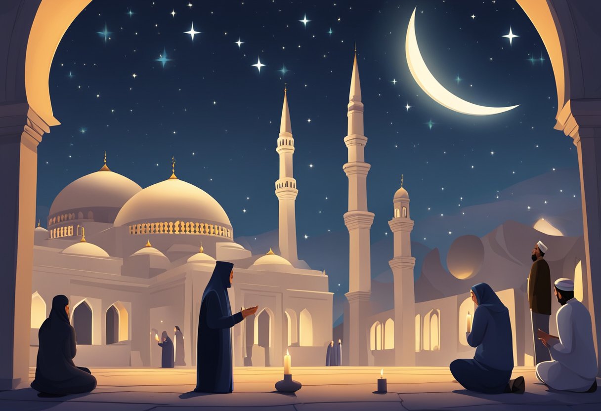 A peaceful night sky with stars and a crescent moon, with people praying and lighting candles in a mosque courtyard