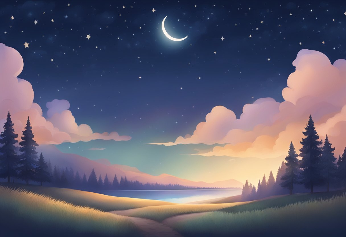 A serene night sky with a crescent moon and twinkling stars, casting a soft glow over a peaceful landscape