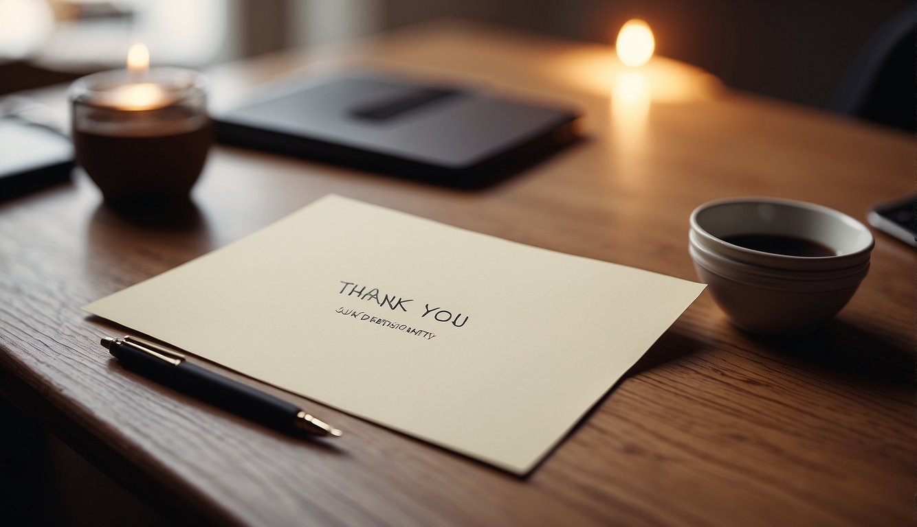 A hand-written thank you note on a desk with a pen and survey form