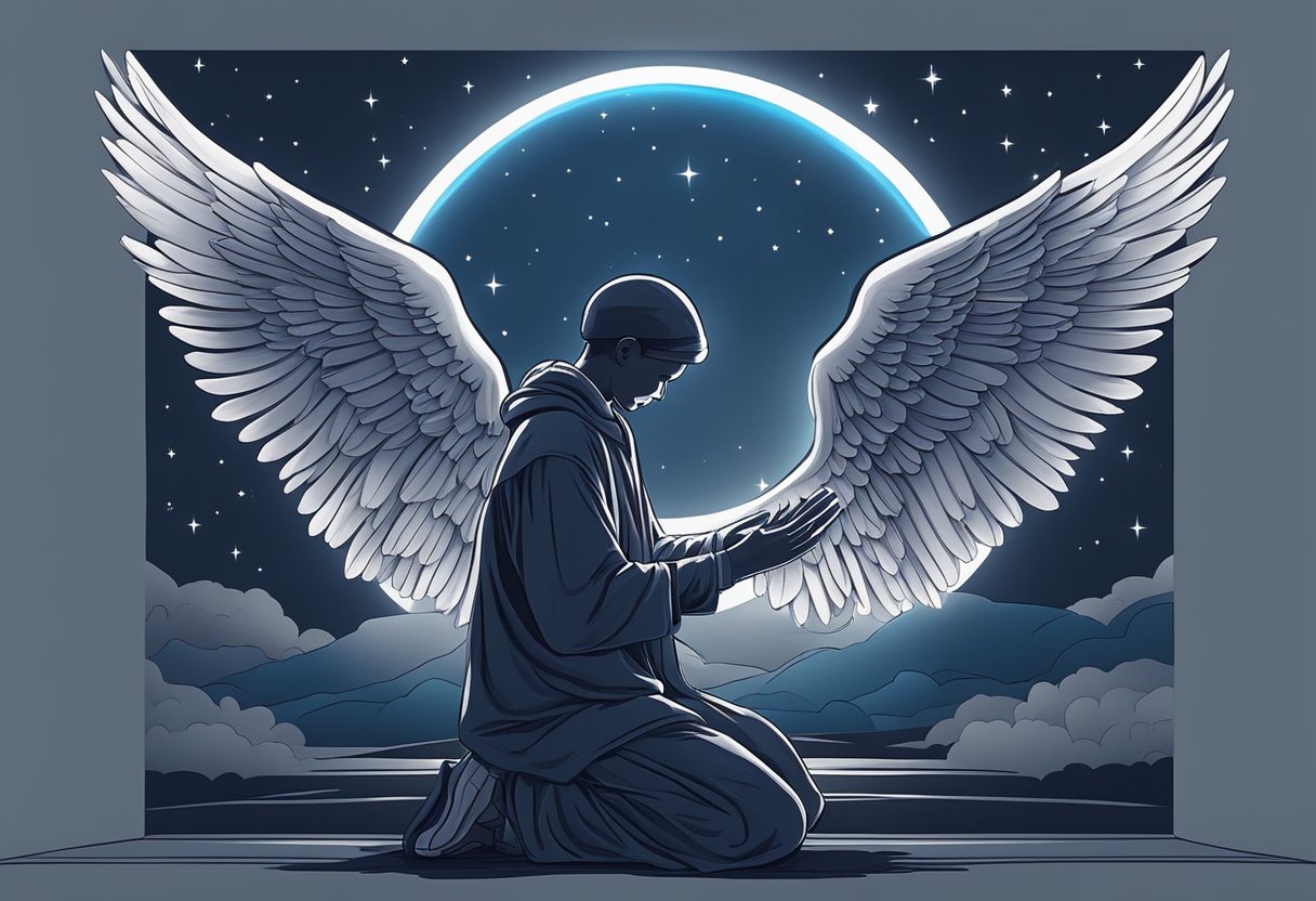 A person kneeling in prayer, surrounded by glowing light and angels, with a clear night sky and a crescent moon in the background