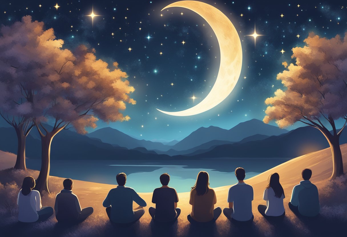 A night sky filled with twinkling stars, a crescent moon shining brightly, and a serene atmosphere with people engaged in prayer and reflection