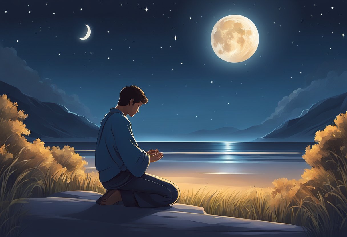 A person kneeling in prayer, with a clear night sky and a bright moon shining down. The atmosphere is peaceful and serene, with a sense of spiritual connection