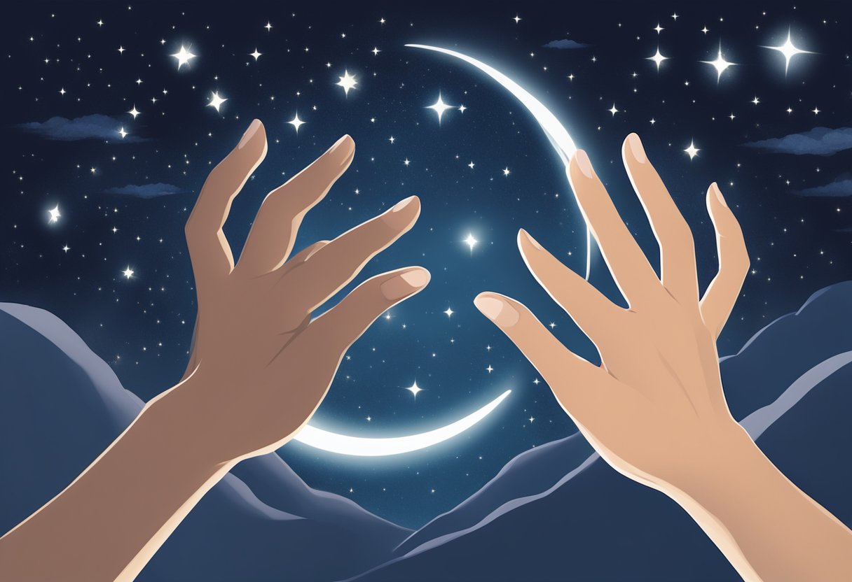 A person's hands reaching towards the sky, surrounded by glowing stars and a crescent moon on a clear night