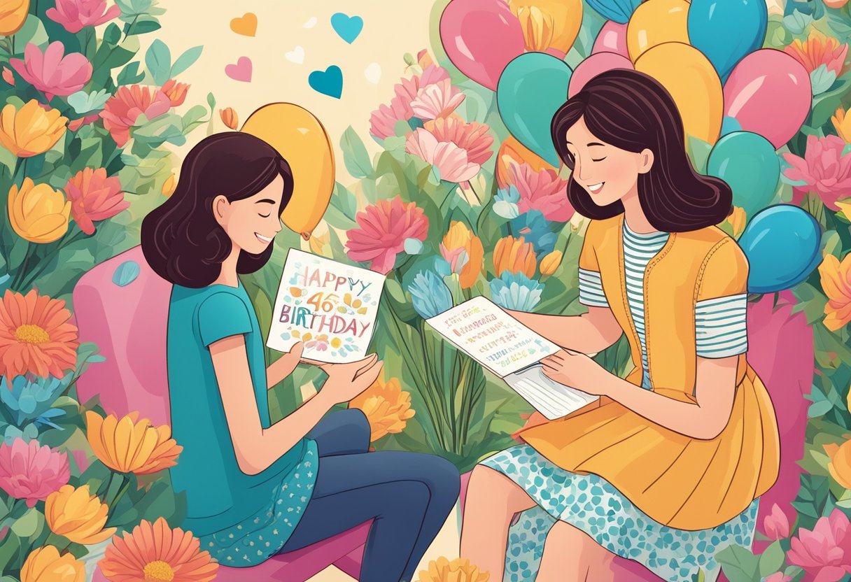 A daughter receiving a birthday card with "46th birthday" and a heartfelt quote, surrounded by flowers and balloons