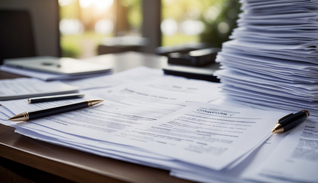 A stack of real estate listing forms sits on a desk, with a pen resting beside them. The forms are neatly organized and ready to be filled out