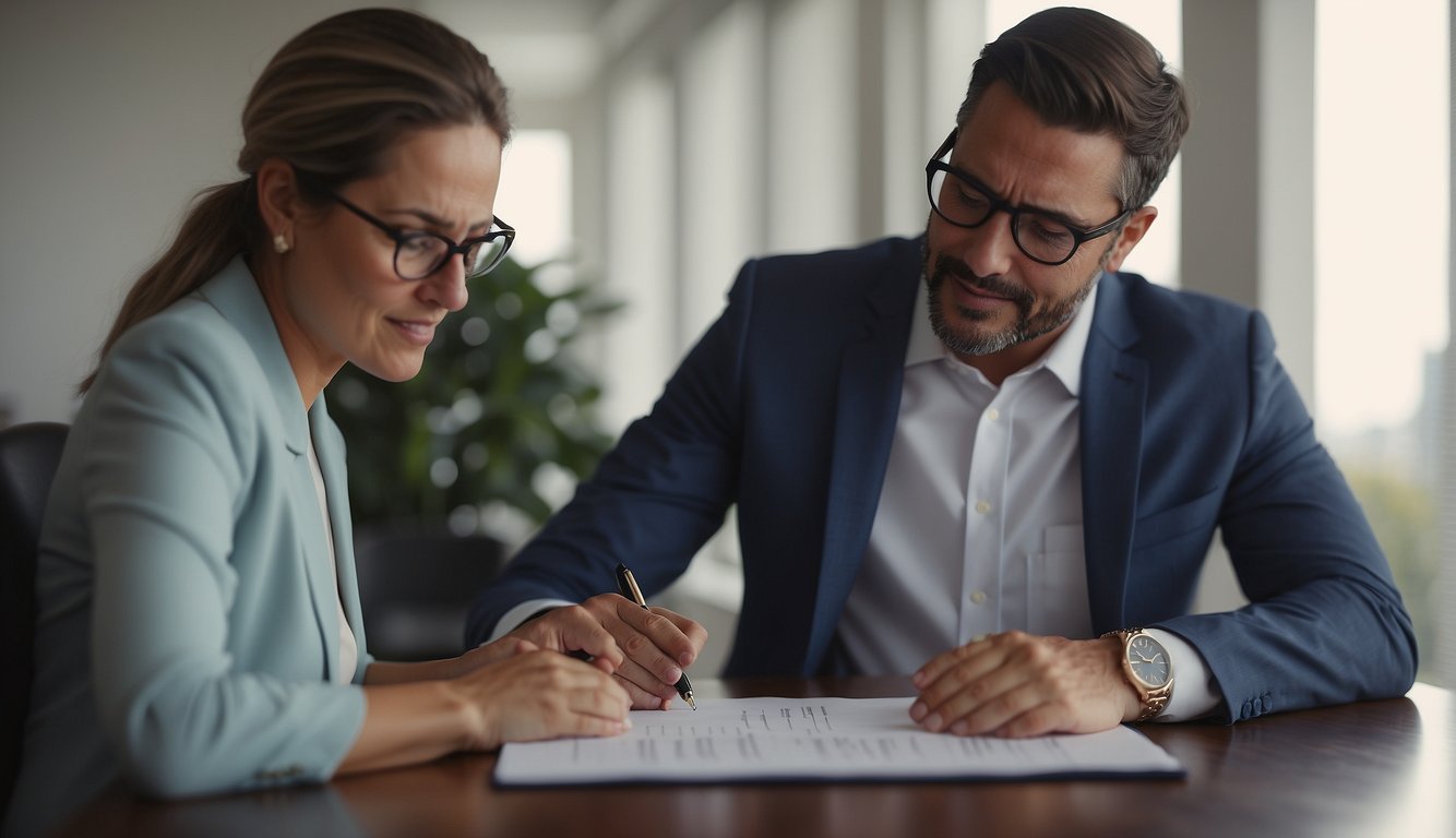 A real estate agent and a homeowner signing a listing agreement form in an office setting. The agent is explaining the terms and conditions to the homeowner