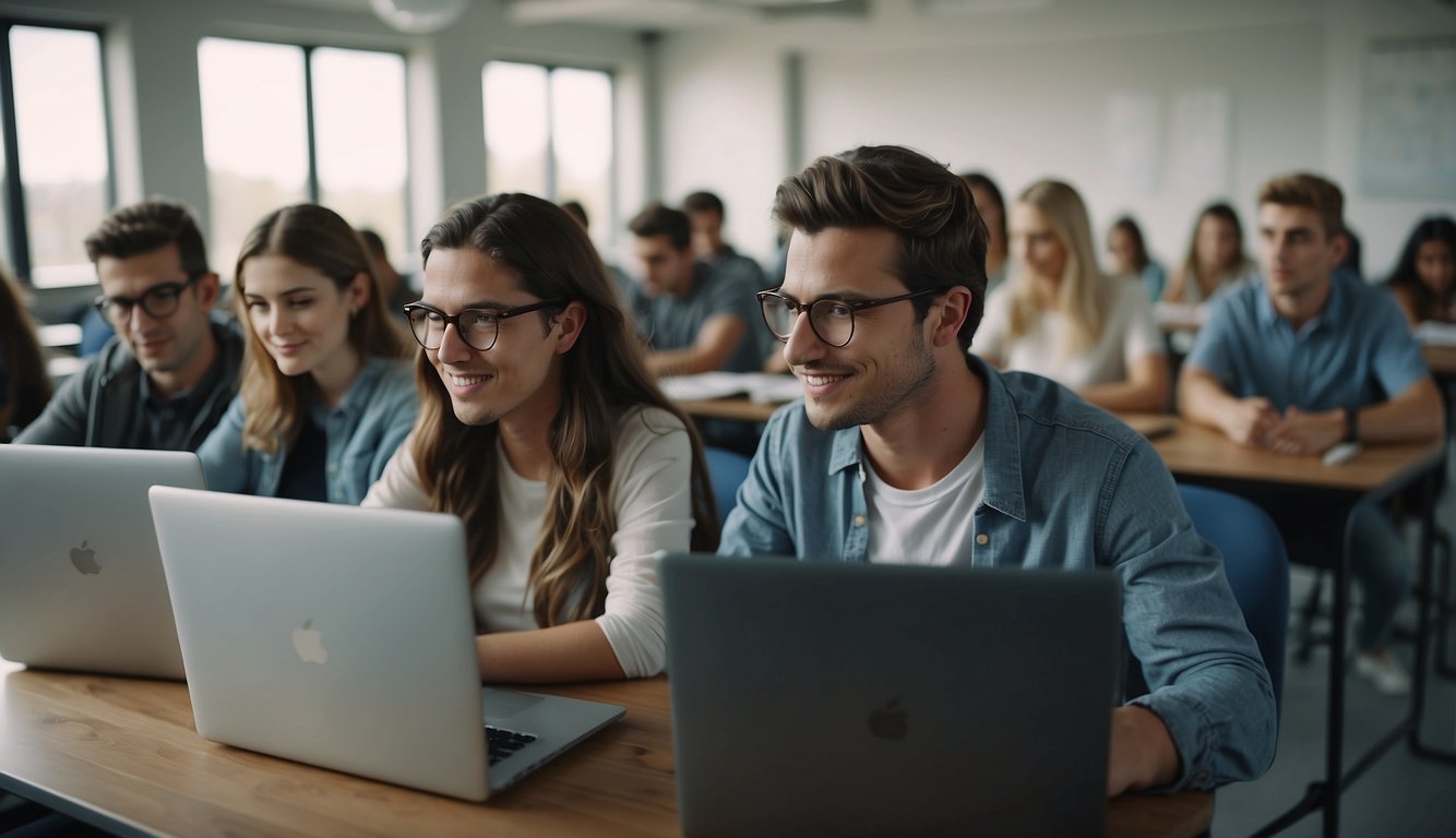 Students answer social media quiz on laptops in classroom