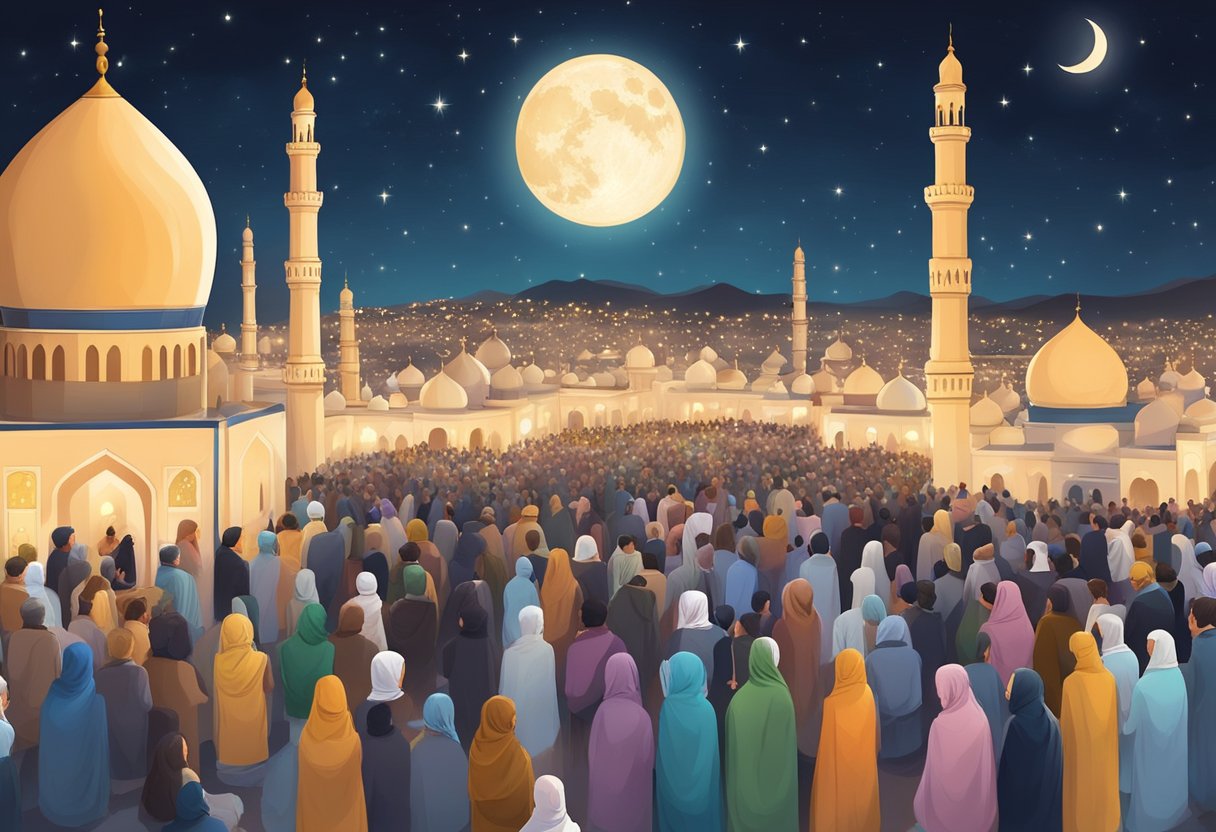 A night sky filled with twinkling stars and a crescent moon, with people gathered in mosques and homes, offering prayers and seeking forgiveness on Shab e Barat day 2024