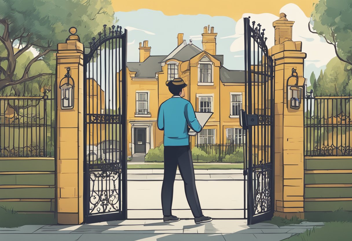 A person unlocking a gate, holding keys and a clipboard, with a property in the background