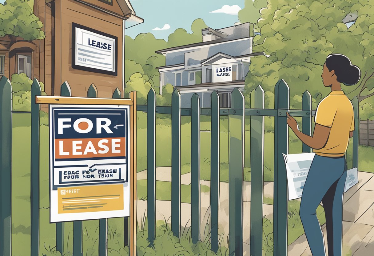 A person posting "For Lease" signs on a property fence, while another person hands out marketing flyers to potential tenants passing by