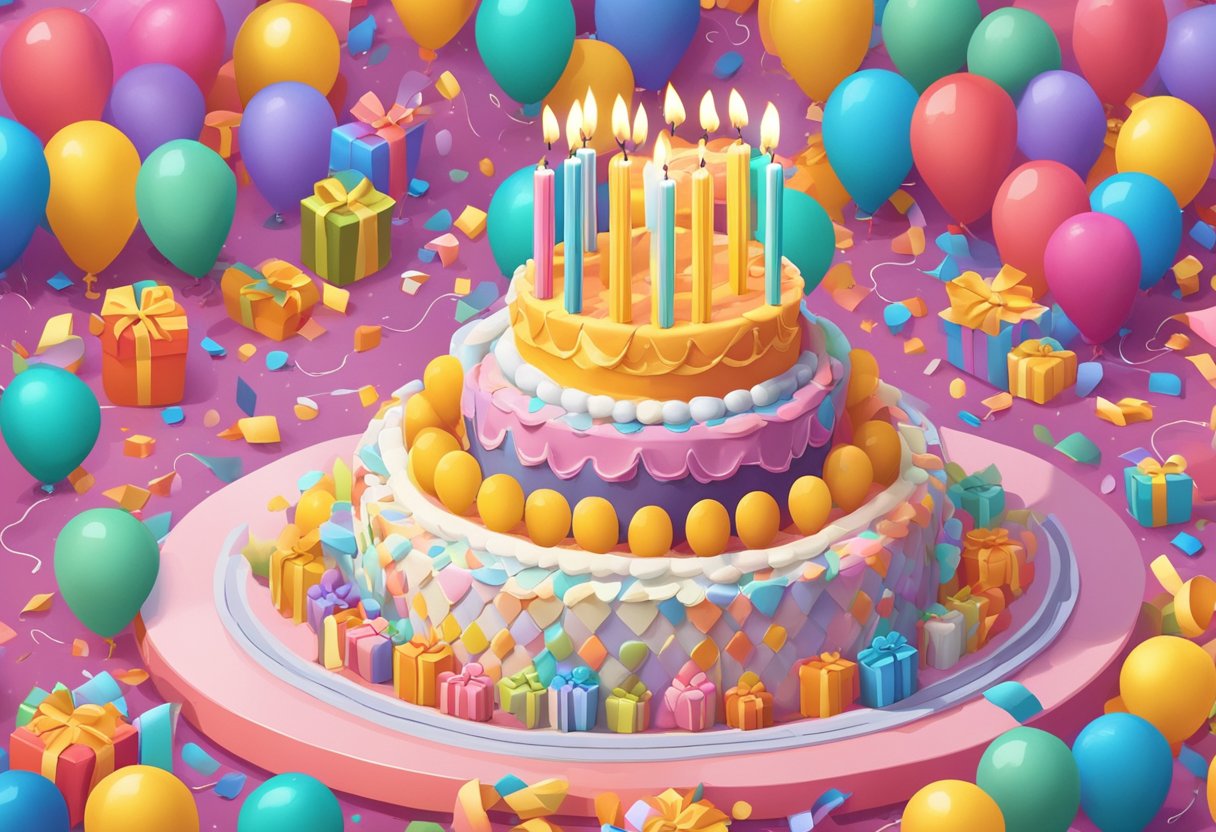 A colorful birthday cake with 47 candles, surrounded by presents and balloons, with a loving message from a mother to her daughter