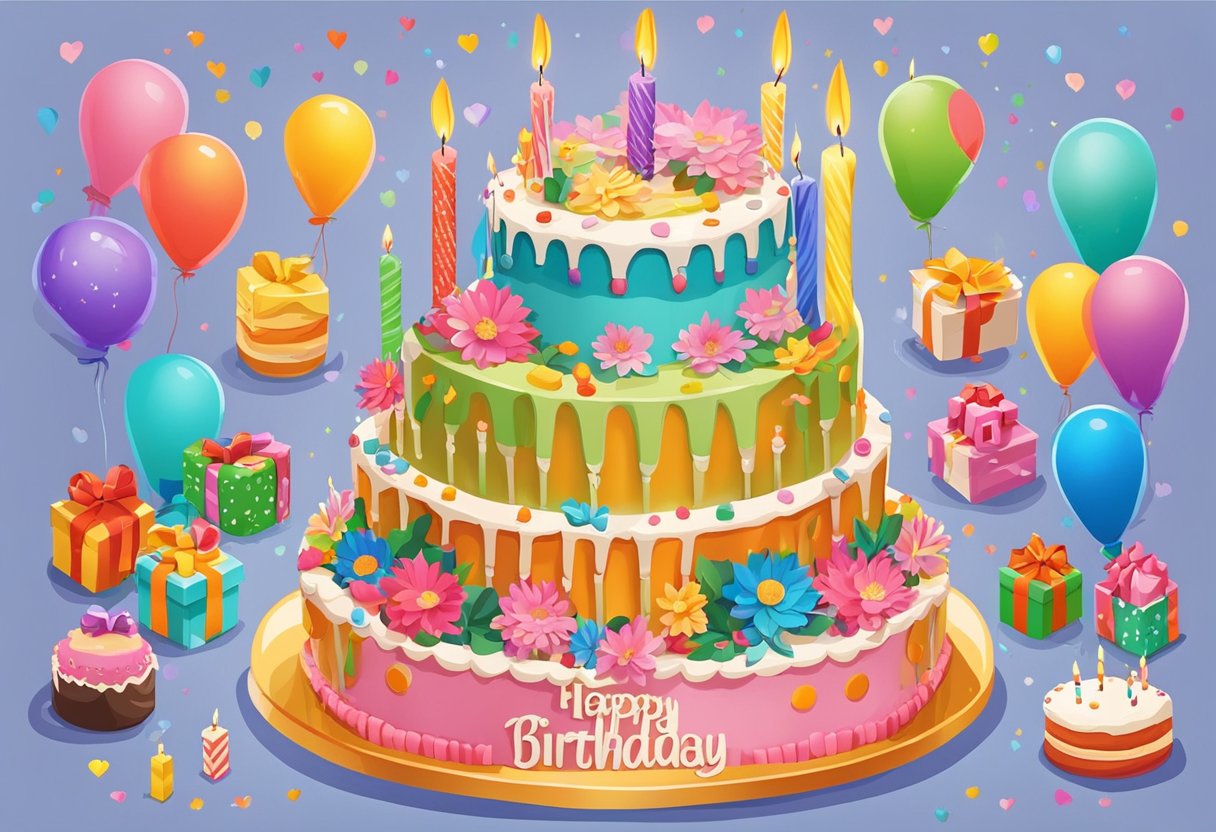 A colorful birthday cake with 47 candles, surrounded by loving birthday cards and gifts for a daughter