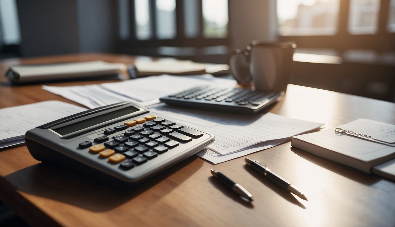 A table with scattered papers, a laptop, and a pen. A calculator and a ruler are nearby. The room is well-lit with natural sunlight