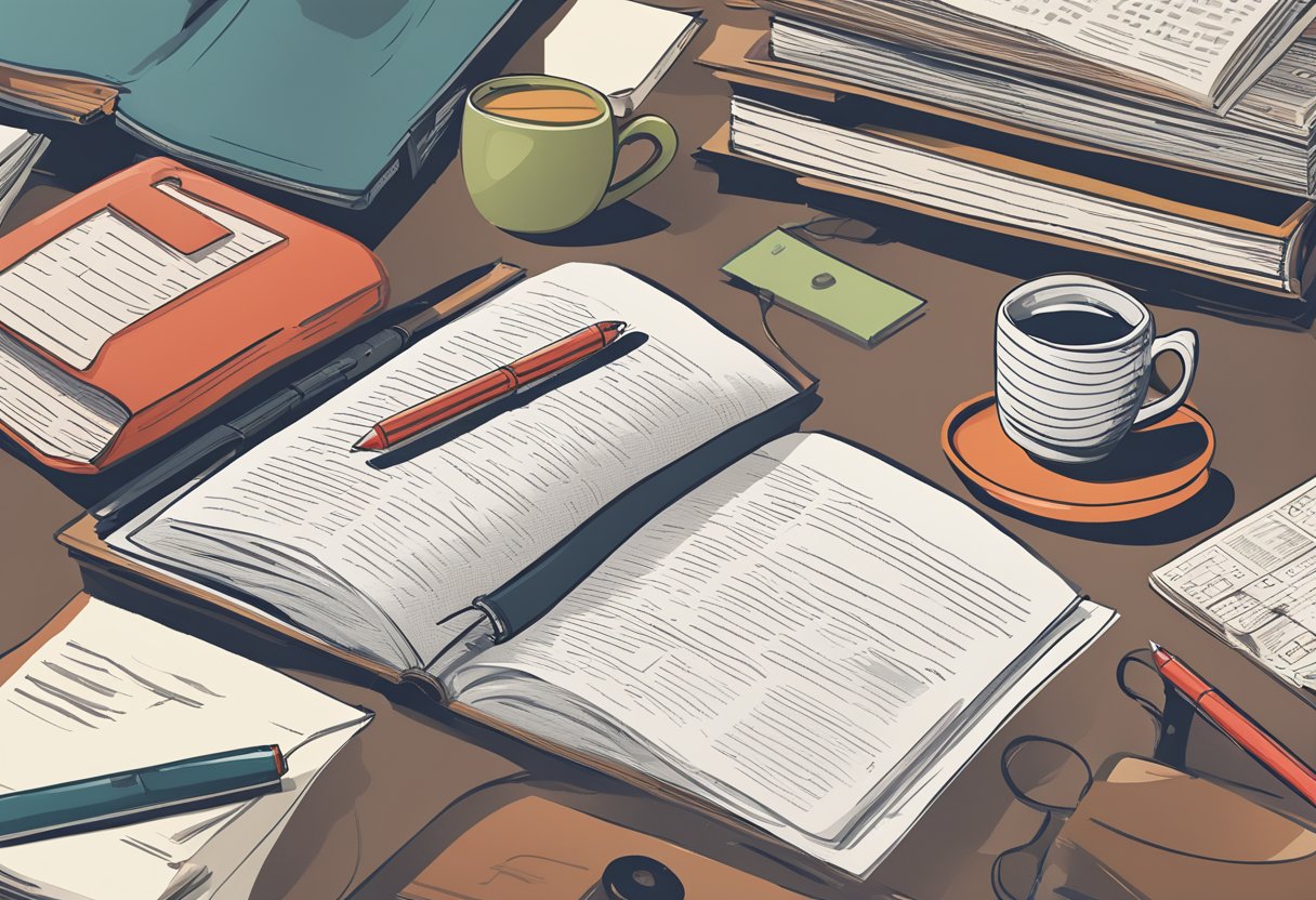 A cluttered desk with a computer, red pen, and stack of papers. A dictionary and style guide sit nearby. A mug of coffee steams in the background