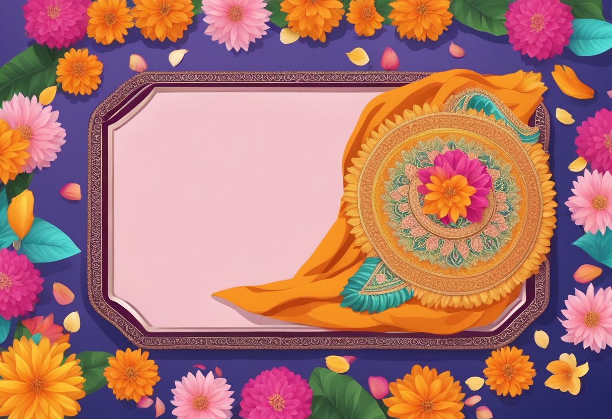 A beautifully wrapped half saree with traditional motifs and vibrant colors, placed on a decorative tray with fresh flower petals scattered around