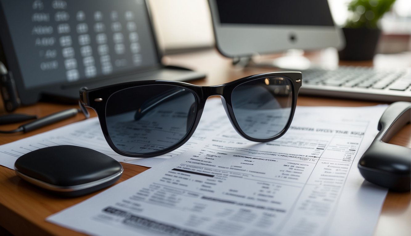 A desk with a computer, eye chart, and optometry exam form template