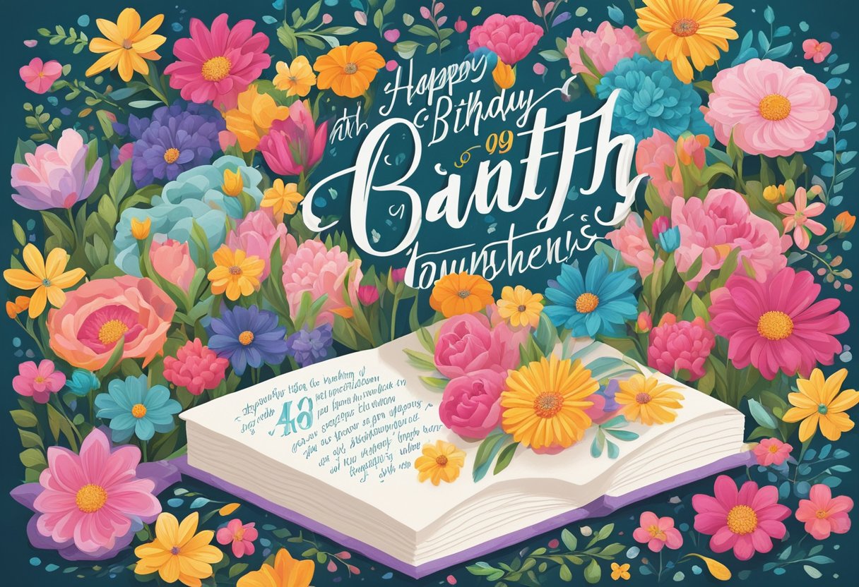 A colorful birthday card with "49th birthday quotes for daughter" written in elegant script, surrounded by vibrant flowers and a heartwarming message