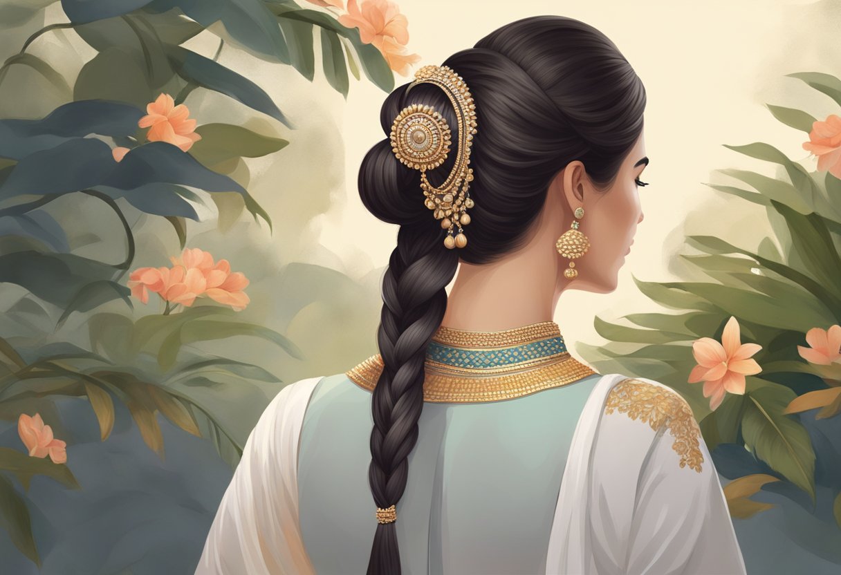 A woman's long hair is twisted into a sleek bun at the nape of her neck, adorned with traditional Indian hair accessories