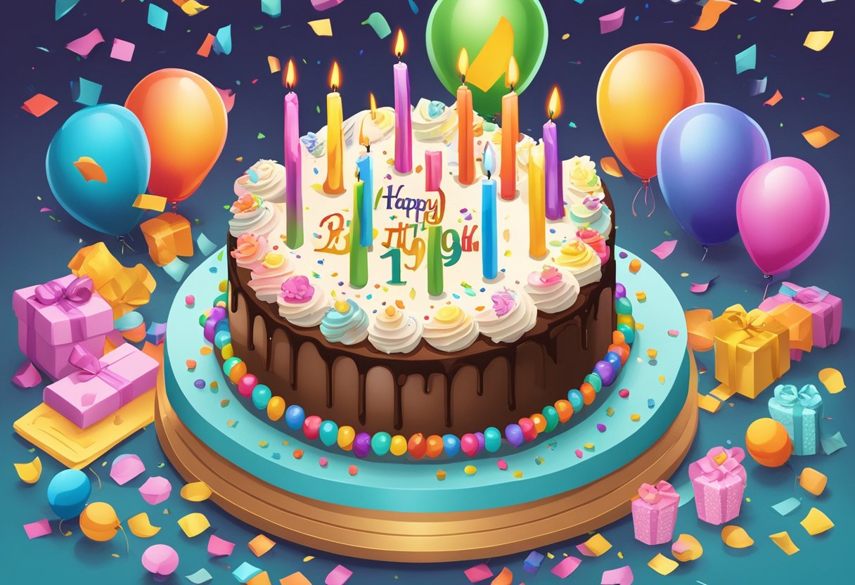 A birthday cake with 49 candles lit, surrounded by colorful balloons and confetti, with a card reading "Happy 49th Birthday, Daughter" on a table