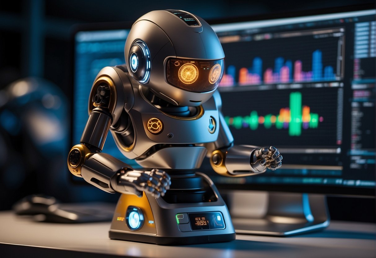 A gridbot trading robot scans charts, executes trades, and manages risk automatically. It operates on a computer screen with multiple charts and indicators