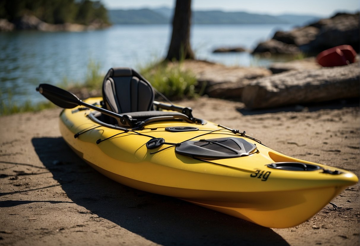 A kayak and gear spread out on the ground for inspection. Paddle, life jacket, and kayak hull are visible