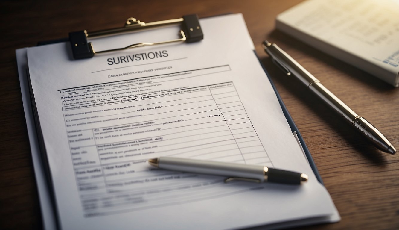 A clipboard with a list of survey questions, a pen, and a checkmark next to each question