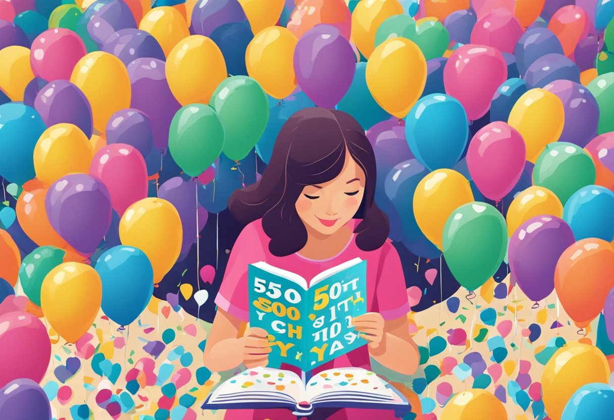 A daughter reading a card with "50th birthday quotes" surrounded by balloons and confetti