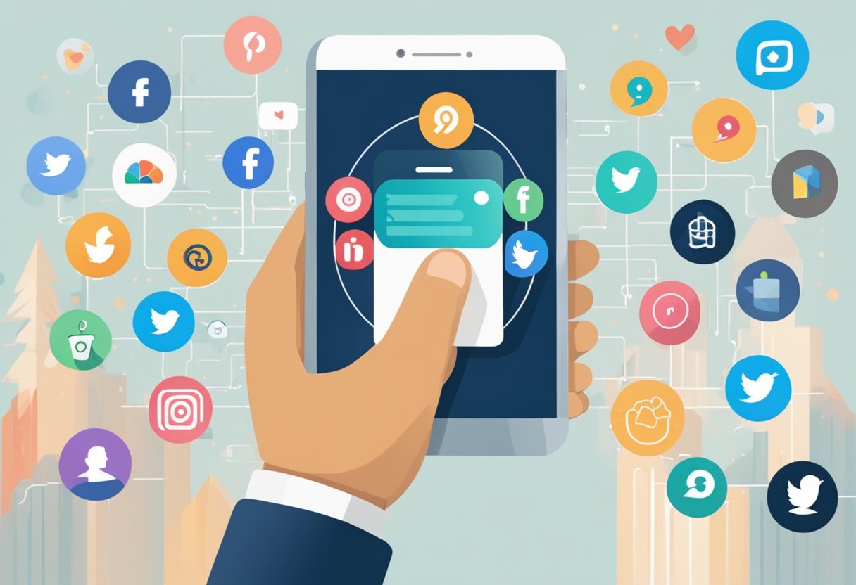 A person's hand holding a smartphone, with social media icons and graphs in the background, representing growth and progress as a social media influencer
