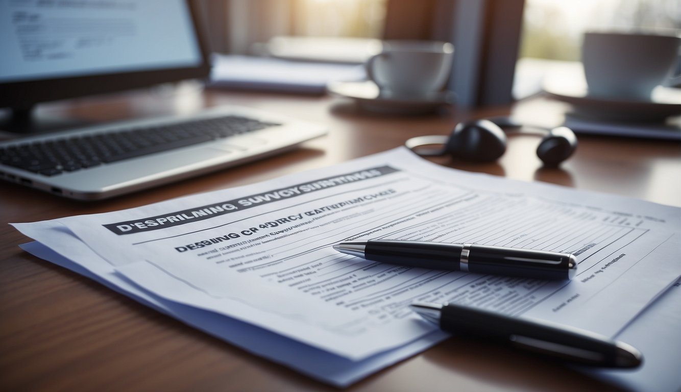 A desk with a computer, pen, and paper. A stack of compliance survey questionnaires. A sign reading "Designing Effective Compliance Surveys."