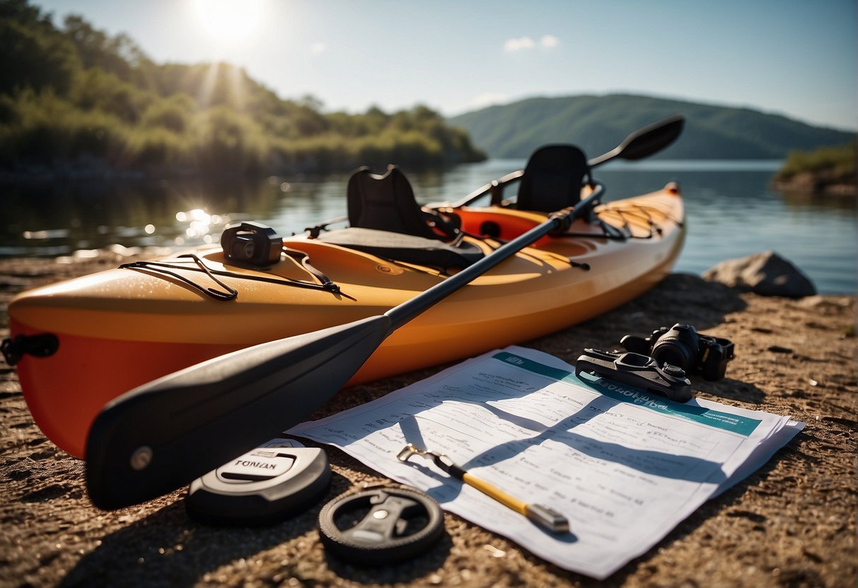 A kayak and its equipment laid out on the ground, with a checklist next to it. The sun is shining, and the water is visible in the background